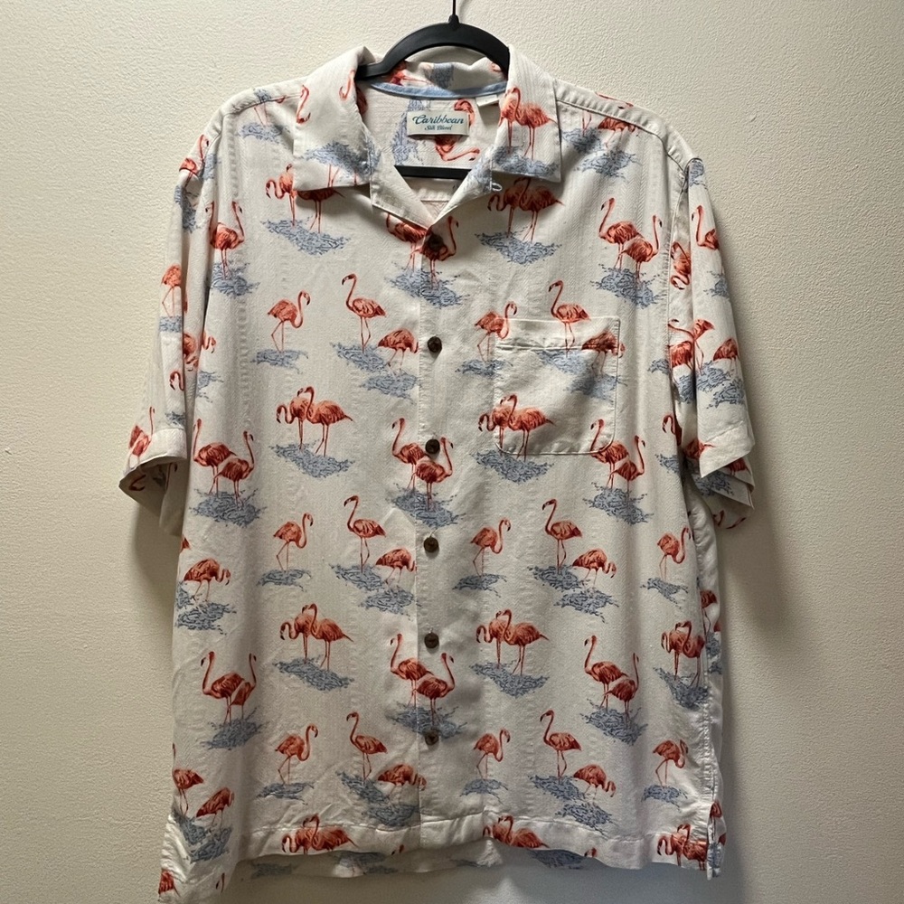 Caribbean Silk Blend Chic Button Coastal Shirt, Sz L, White with Pink Flamingos